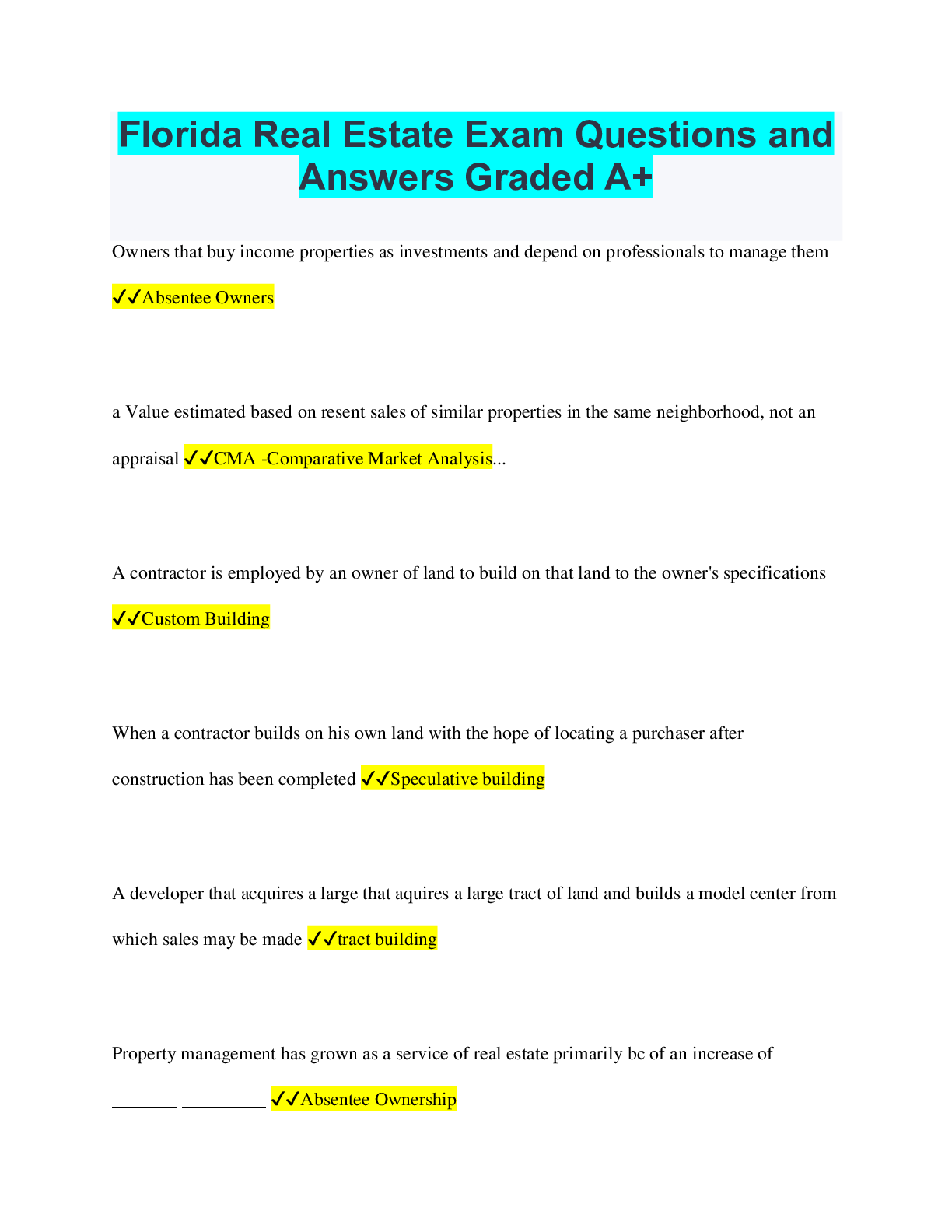 FL Real Estate Exam Practice Questions with Verified Answers Browsegrades